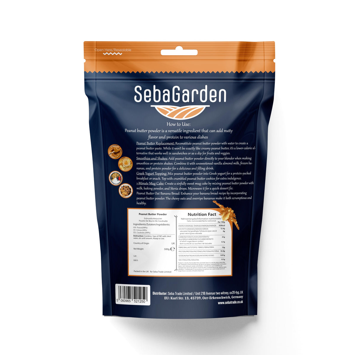Seba Garden Pure Peanut Butter Powder 87% Less Fat Defatted | 500g