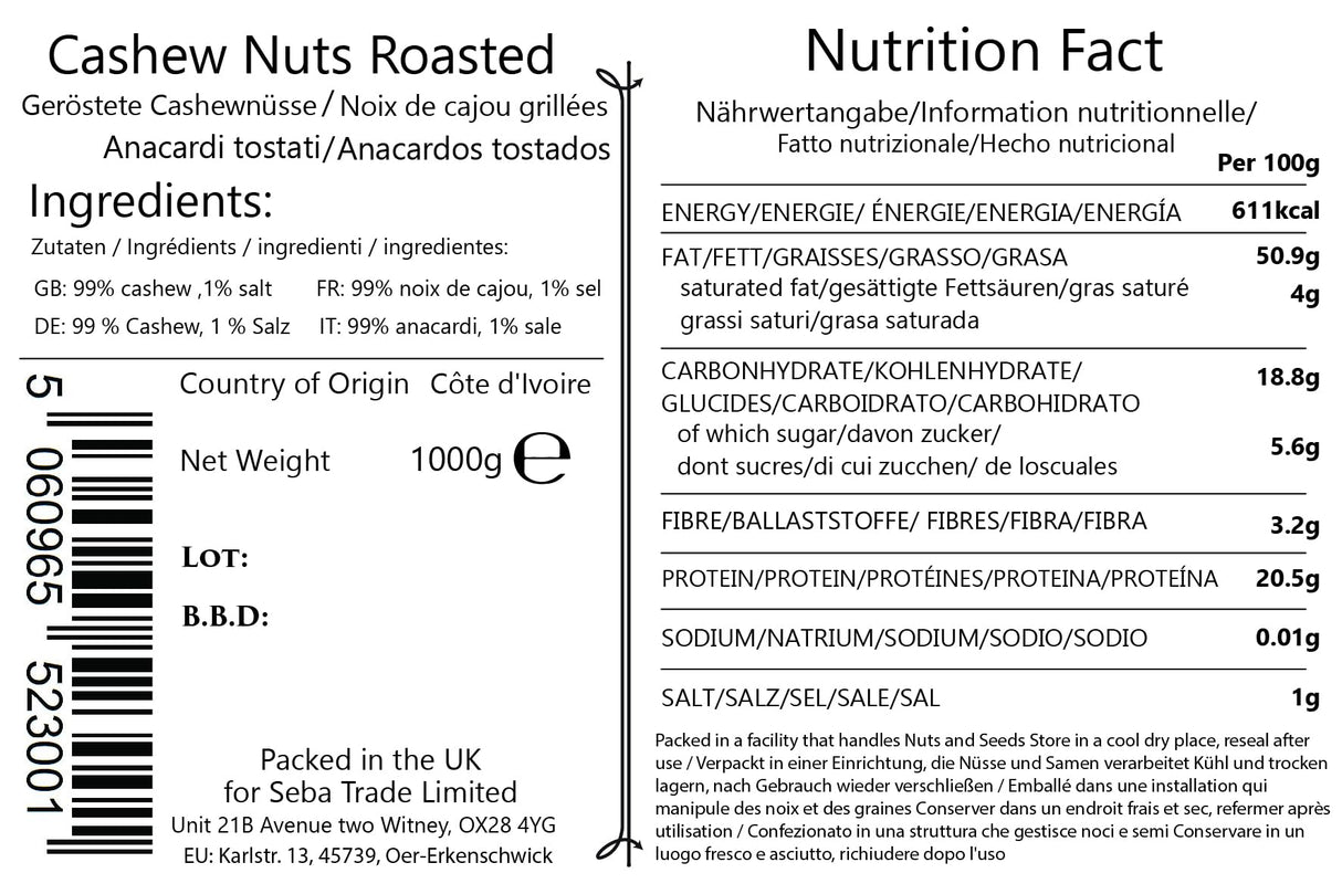 Seba Garden Premium Roasted Whole Cashew Nuts Grade A Nutrient-Dense Superfood | 1kg