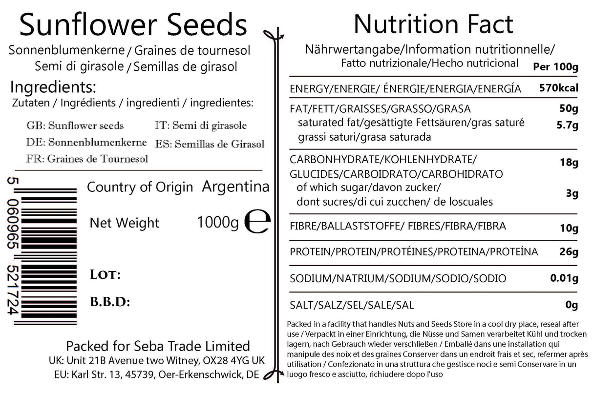 Seba Garden Premium Hulled Sunflower Seeds Grade A Nutrient-Dense Superfood | 1 kg