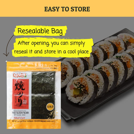 CHOI’S 1 Daechun Gold Grade Korean Sushi Nori (100 Half Sheets)