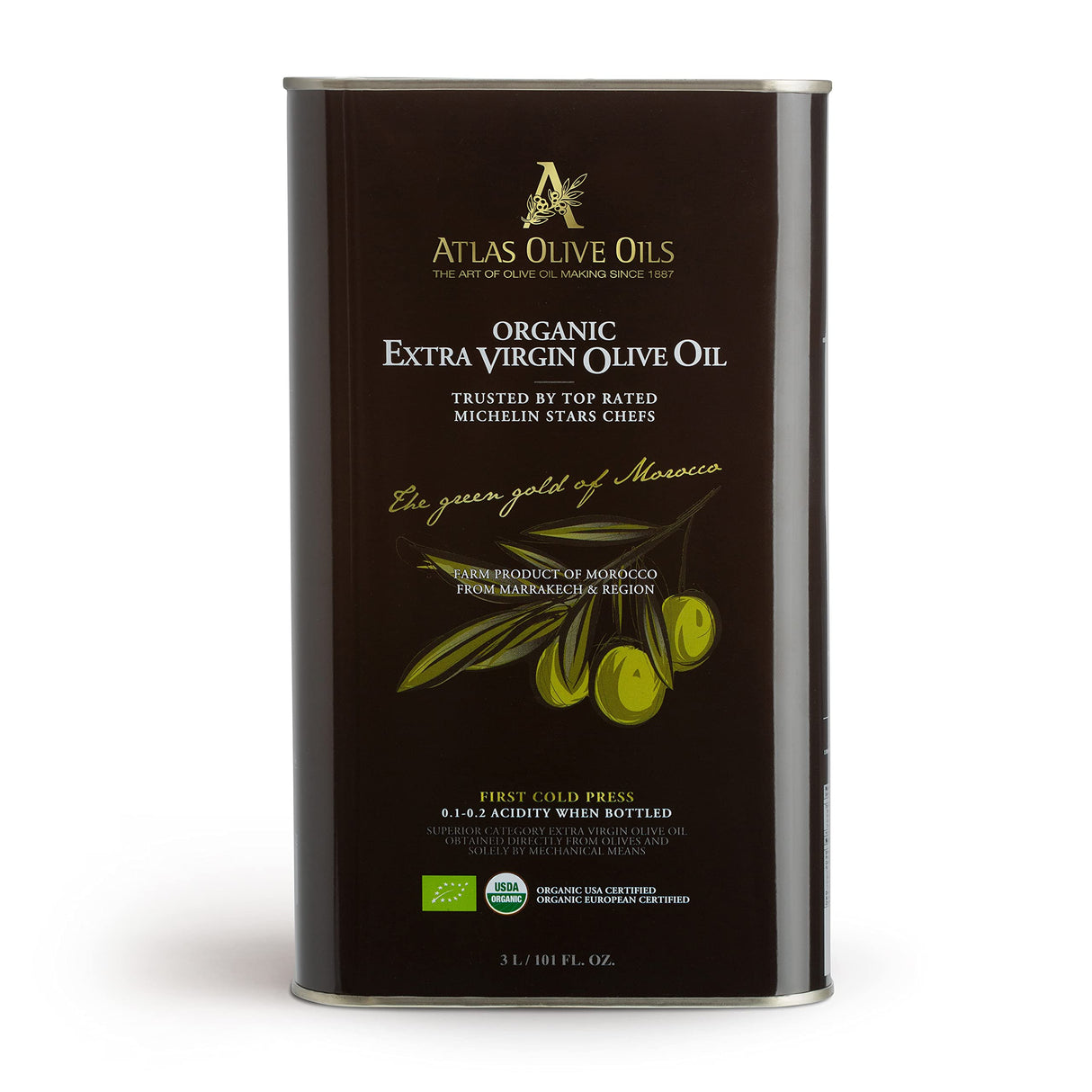 Atlas Olive Oil Premium Organic Moroccan Extra Virgin Olive Oil | 3L Tin
