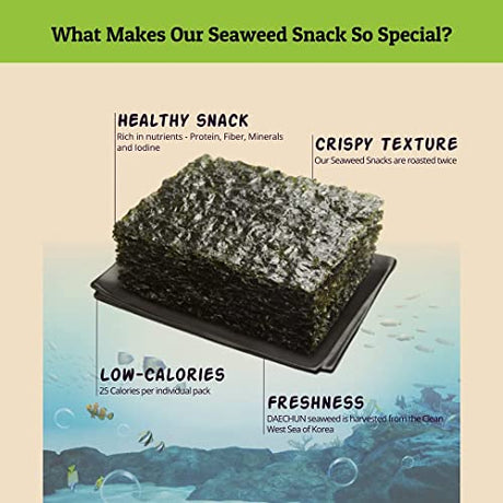 CHOI'S 1 Daechun Kimchi Korean Roasted Seaweed Snacks | 20 Individual Packs