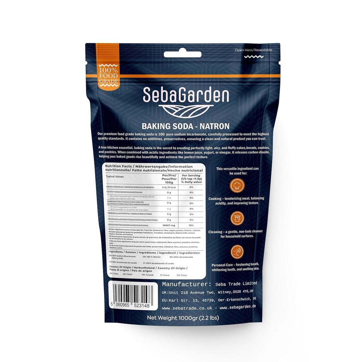 Seba Garden Premium Choice Pure Baking Soda Food Grade Aluminium-Free