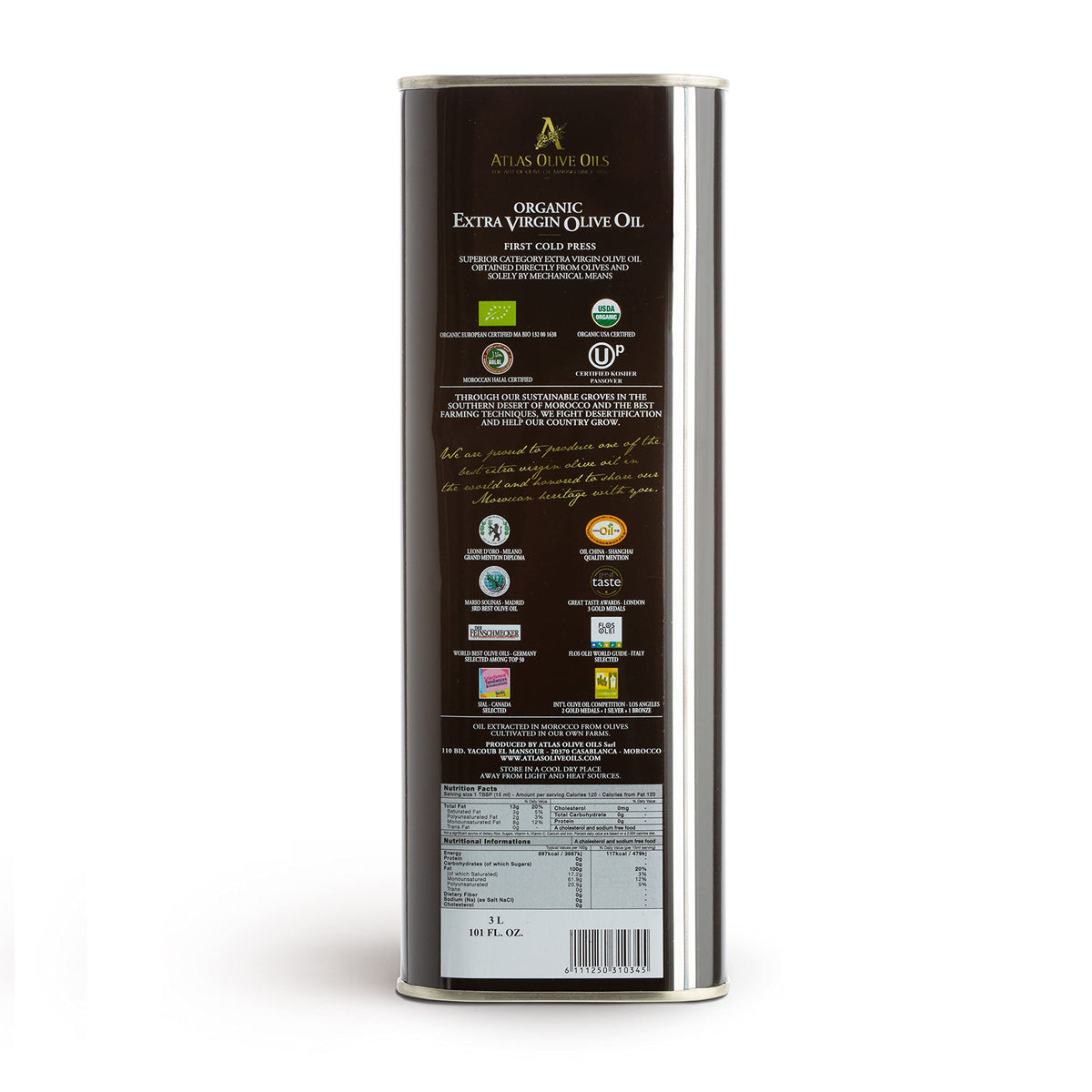 Atlas Olive Oil Premium Organic Moroccan Extra Virgin Olive Oil | 3L Tin