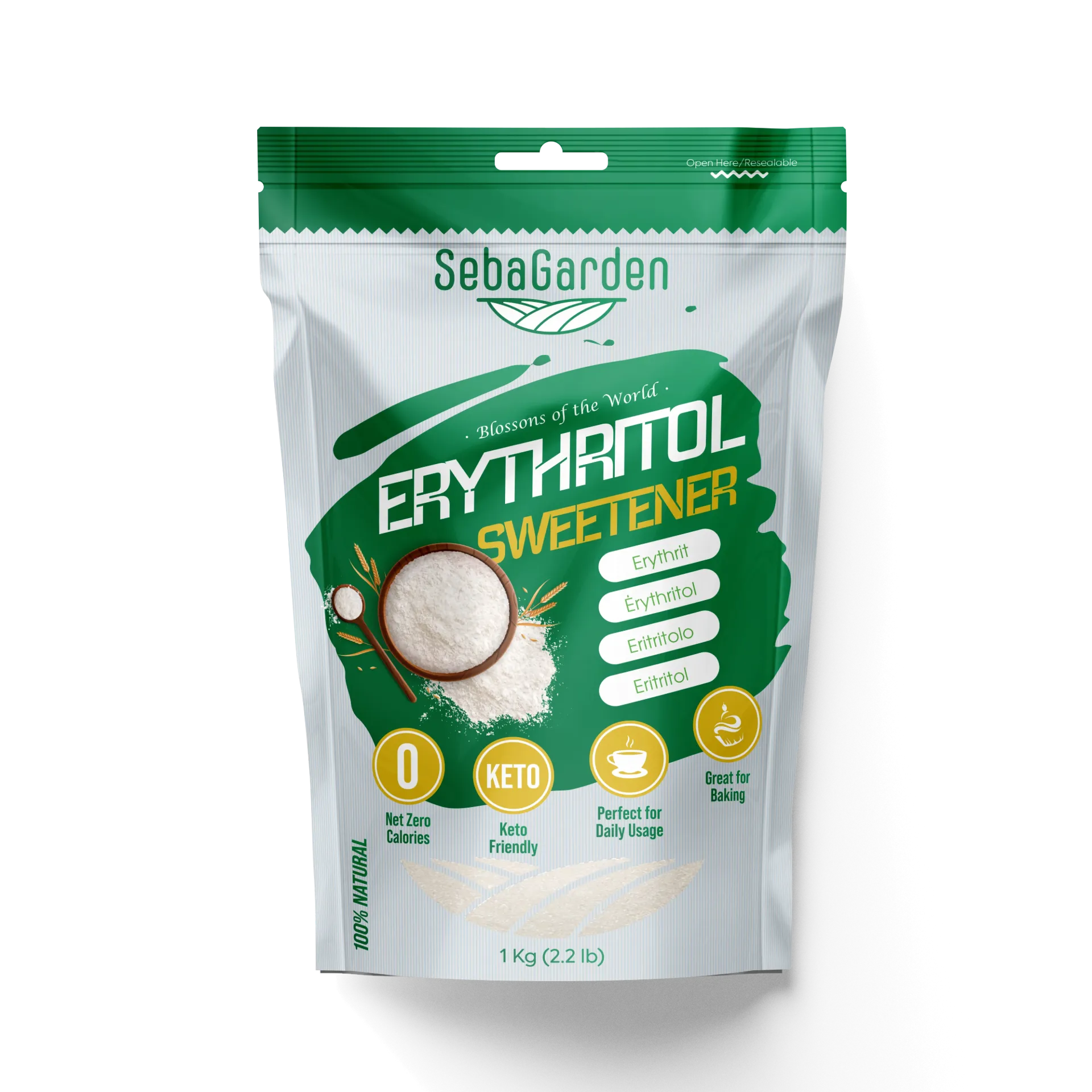 Seba Garden 100% Erythritol Sweetener 1kg (2.2 lb), Natural Granulated Zero Calori Sugar Replacement, Keto Friendly Non GMO
