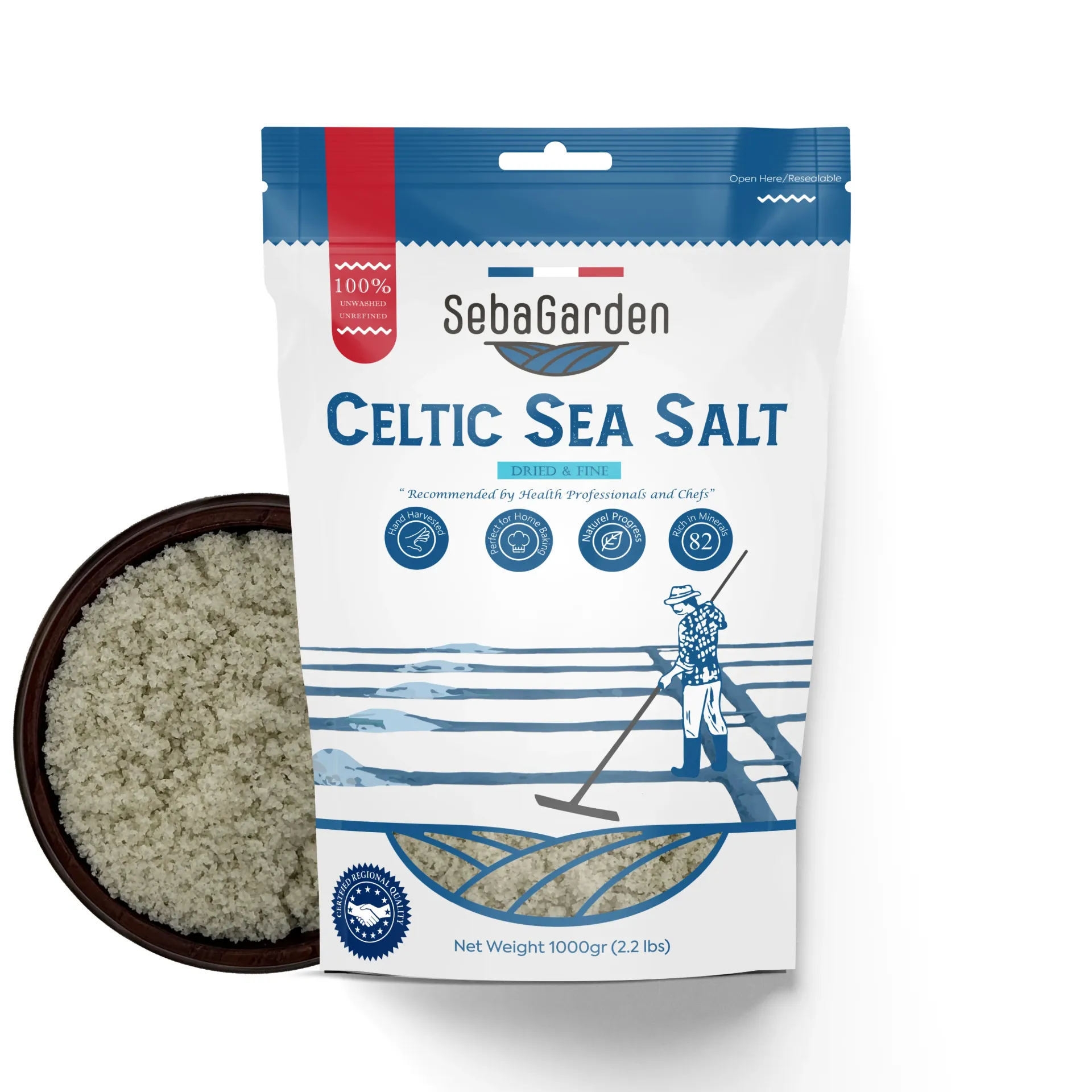 [SGCelticFine 1kg] Seba Garden Celtic Sea Salt Grey, 1kg - Dried & Fine, Certificated Organic Reseallable Bag of Grey Sea Salt, Hand Harvested, Contains Over 82 Essential Minerals