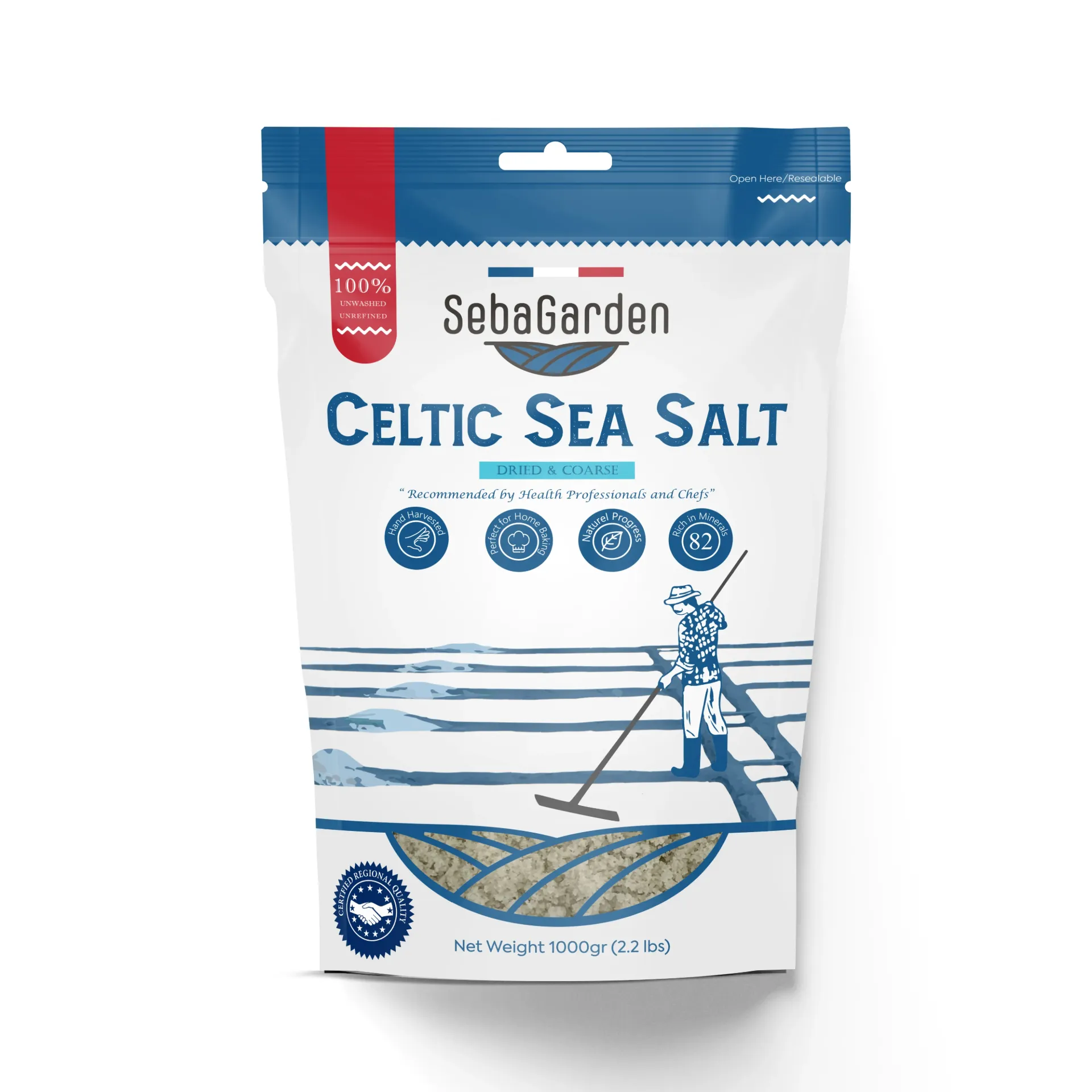 [SG_celticsalt_driedcoarse1kg] Seba Garden Celtic Sea Salt Grey, 1kg - Dried & Coarse, Certificated Organic Reseallable Bag of Grey Sea Salt, Hand Harvested, Contains Over 82 Essential Minerals