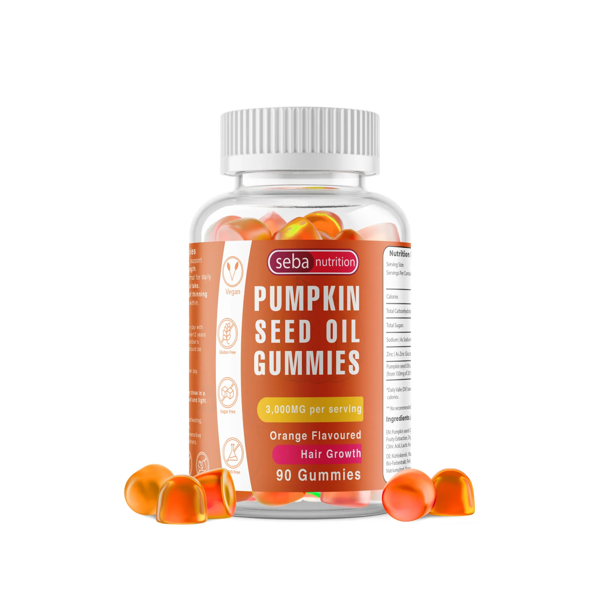 Seba Nutrition Pumpkin Seed Oil Gummies – 3000mg Hair Growth Support Supplement – Vegan, Sugar-Free, Gluten-Free – Orange Flavored – Hair Density & Scalp Nourishment – 90 Gummies for Men & Women
