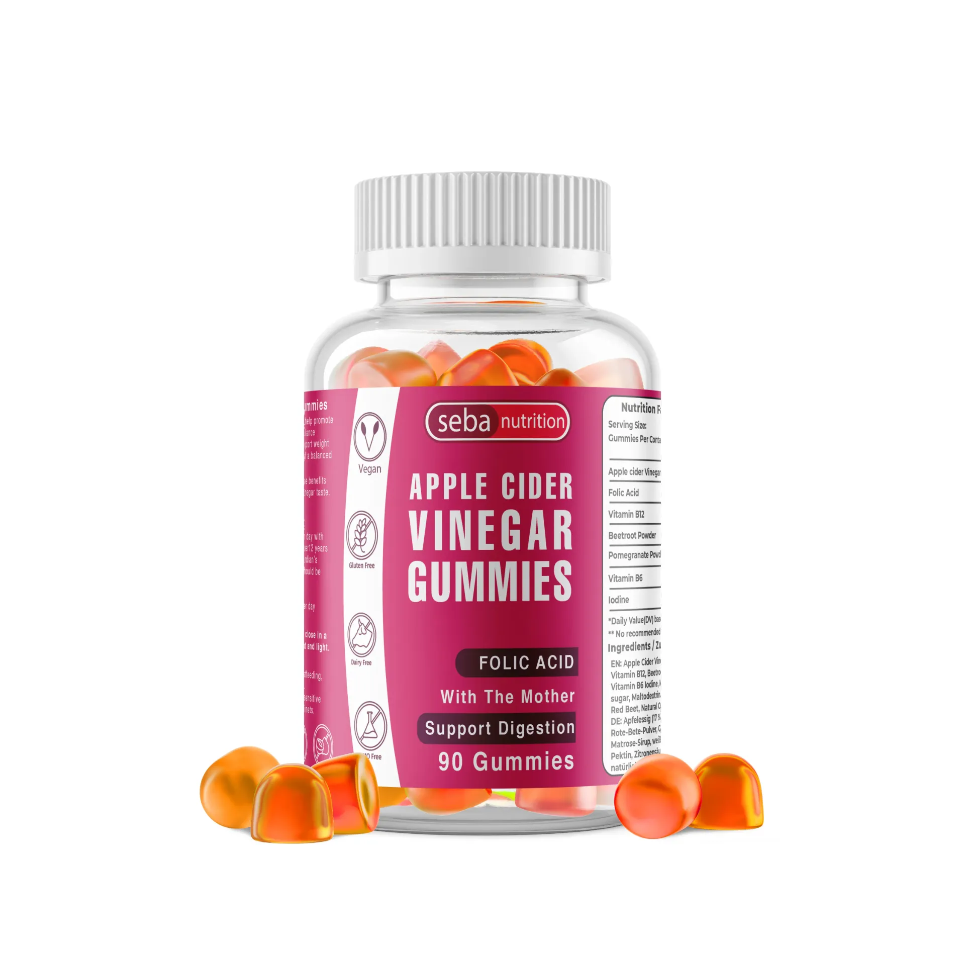 Apple Cider Vinegar Gummies with The Mother – 1000mg ACV per Serving – Folic Acid, Vitamin B12, B6, Beetroot, Pomegranate – Vegan, Gluten-Free, Non-GMO – 90 Gummies – Seba Nutrition