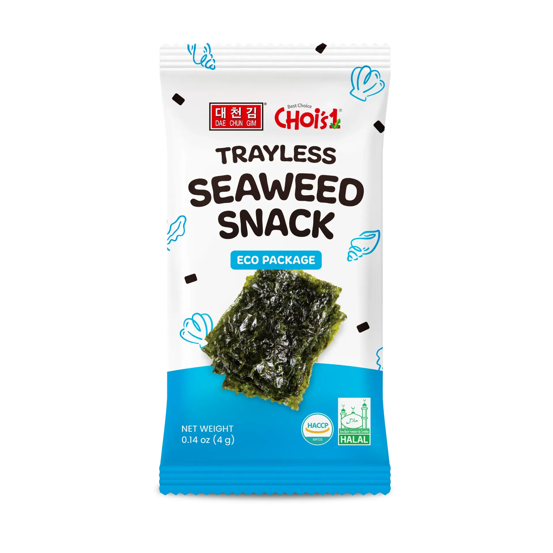 Daechun Choi's 1 Trayless Seaweed Snack – Korean Roasted Laver, Eco-Friendly Packaging, Healthy Vegan Snack, Gluten-Free, 20 X 4g – Made in Korea